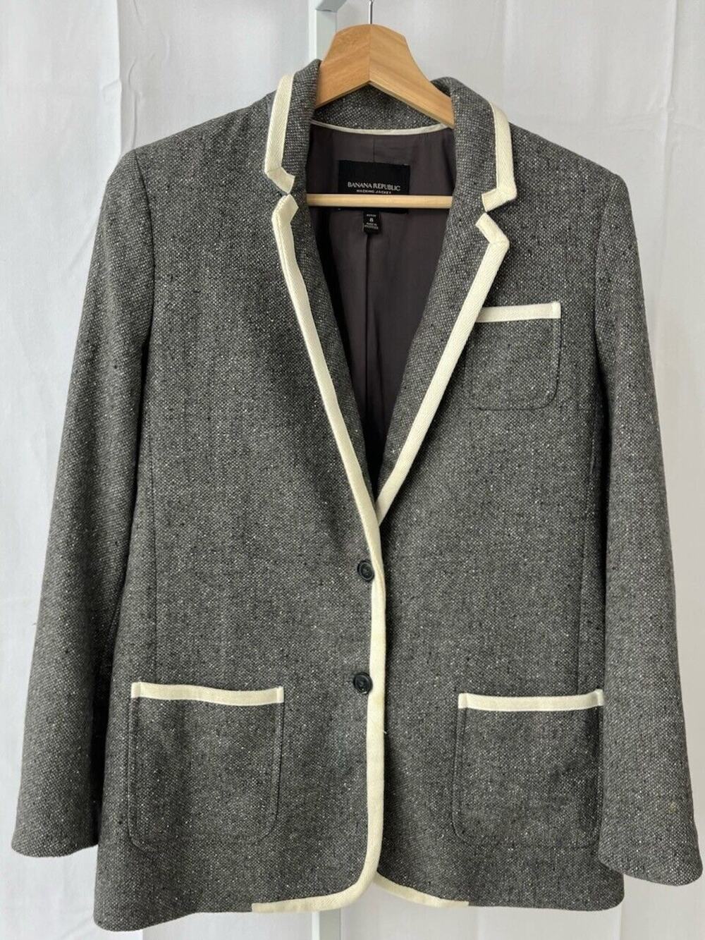 BANANA REPUBLIC Petite 8P Tipped Jacket 2 Button Blazer Wool Blend Gray